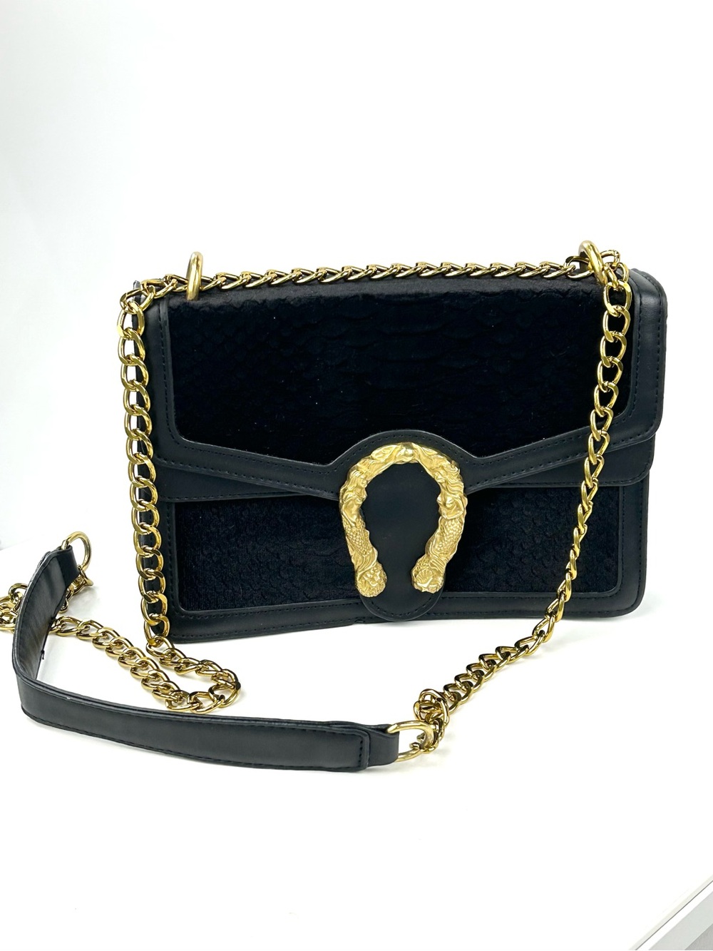 Black Velvet Textured Crossbody Bag Gold Animal Head Chain Shoulder Purse